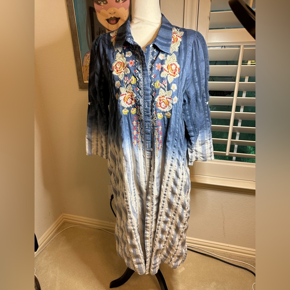 Andre by Unit Midi Denim Striped Ombre Button Down Collared Dress Embroidered L - Picture 1 of 9